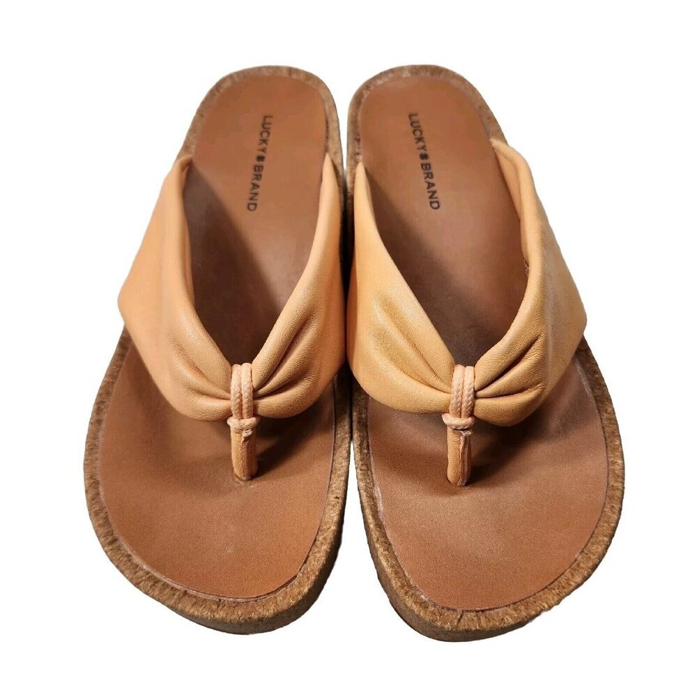 Lucky Brand Womens Size 8.5 Lellina Corck Platform Wedge Thong Orange Sandal 102